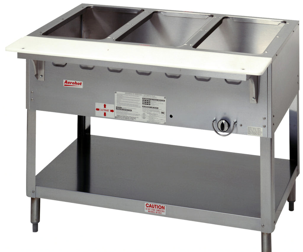 Duke Aerohot WB303 44-3/8 Inch Gas Wet Bath Steam Table, 3-Pan, Stainless Steel, Open Base with Undershelf