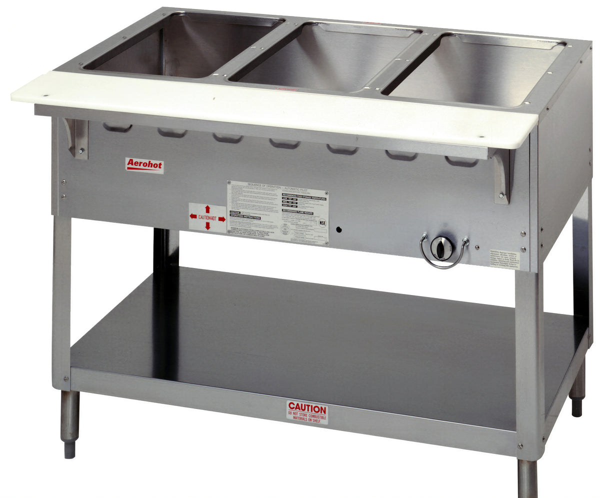 Duke Aerohot WB303 44-3/8 Inch Gas Wet Bath Steam Table, 3-Pan, Stainless Steel, Open Base with Undershelf