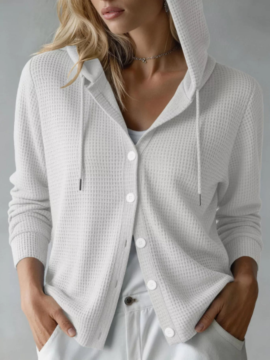 Waffle Knit Button-Down Hooded Cardigan