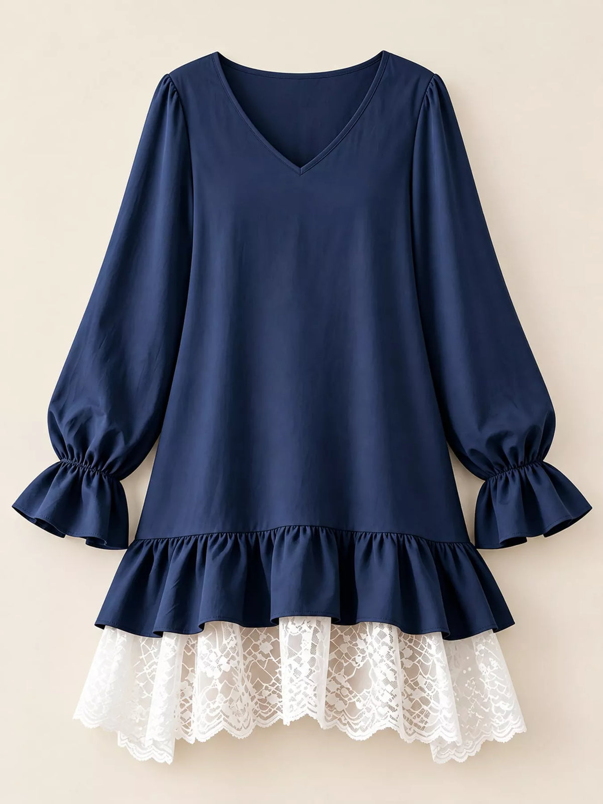Lace Hem V-Neck Flounce Sleeve Dress