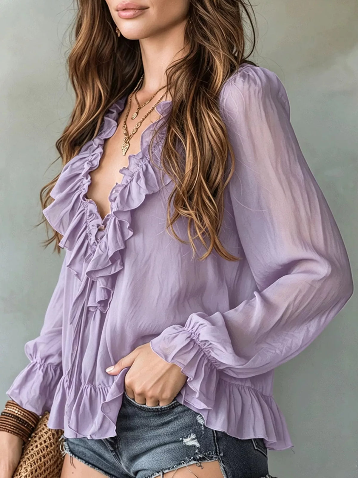 Ruffle V-Neck Long Sleeve Blouse
