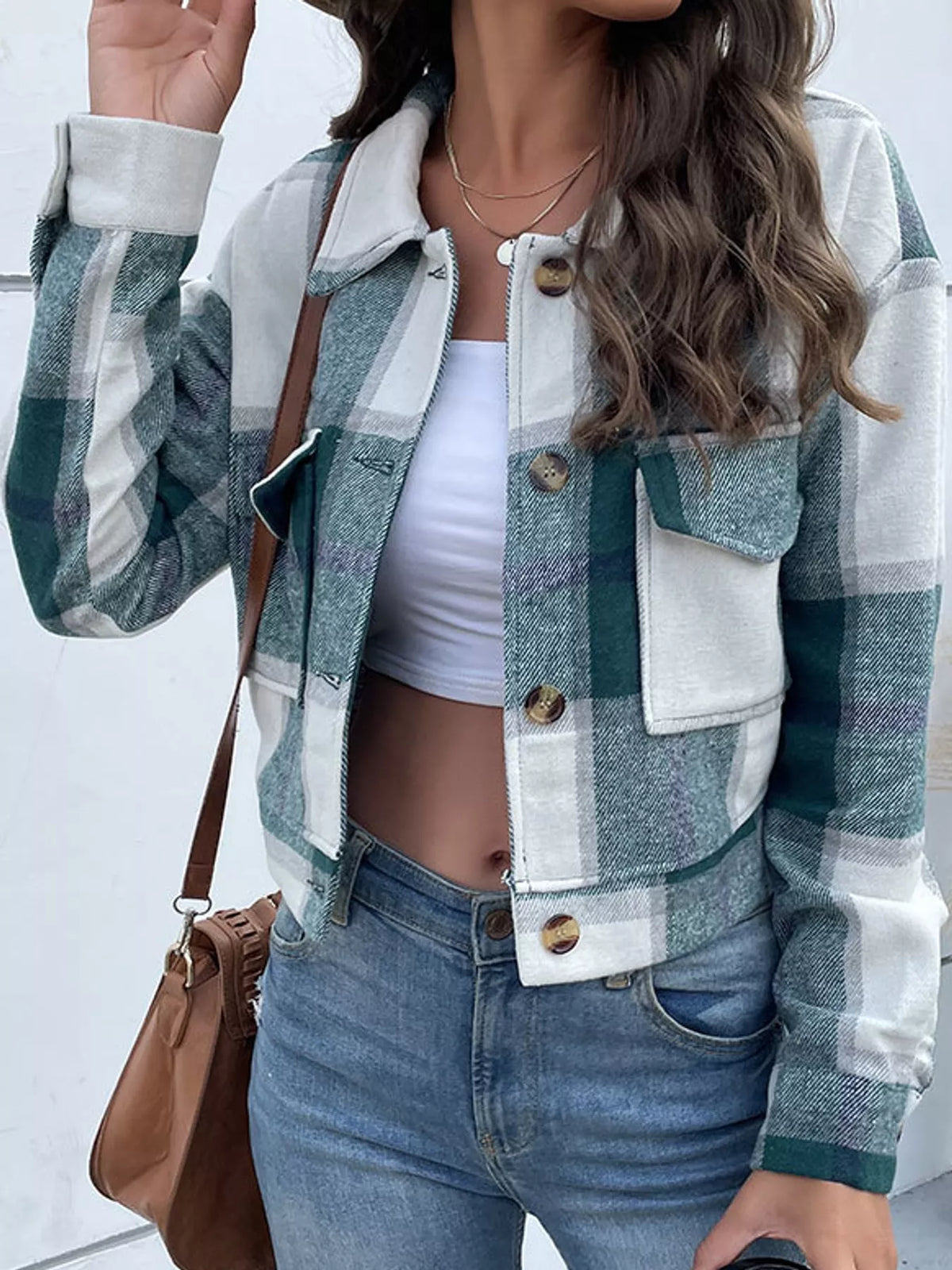 Plaid Button-Front Cropped Jacket