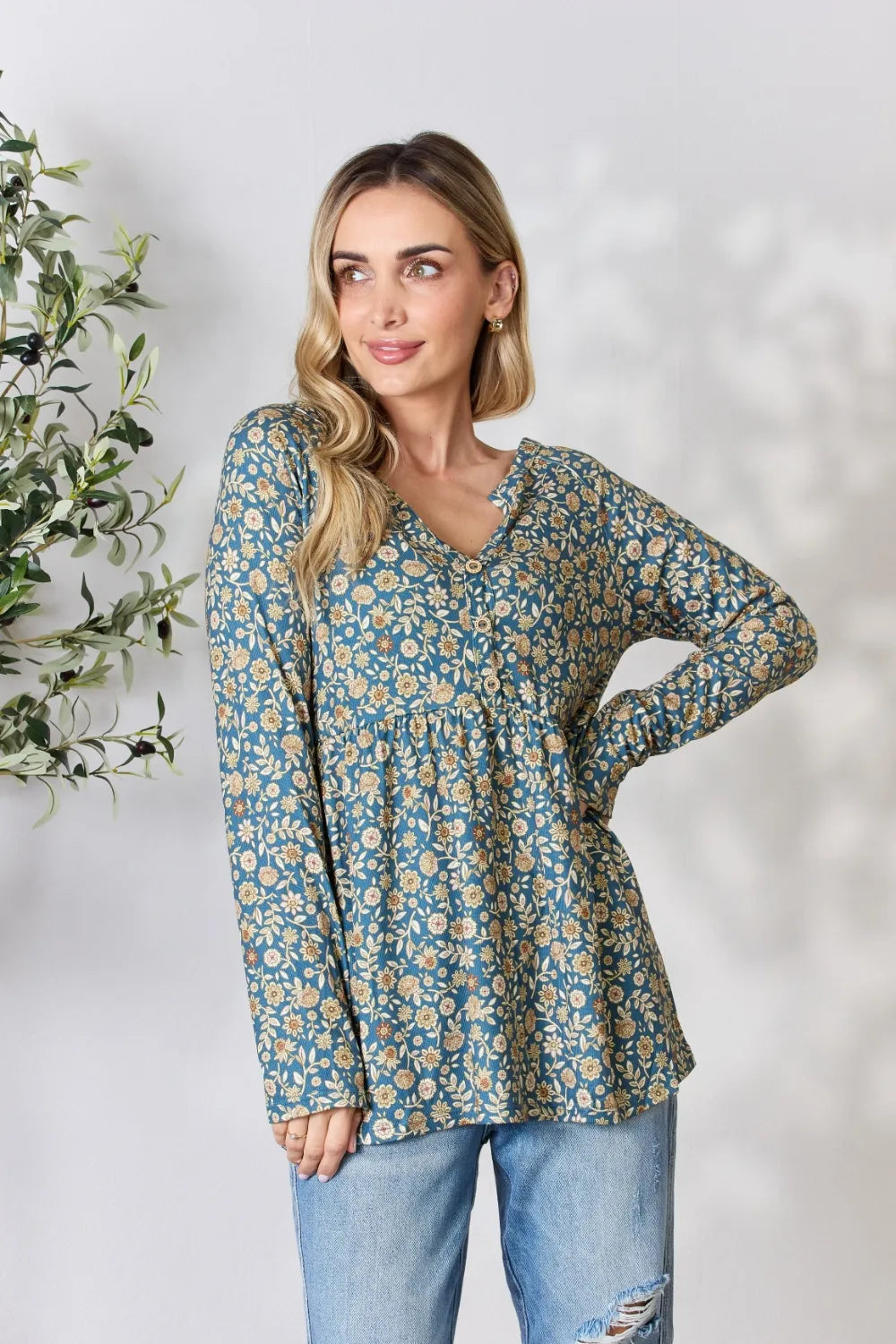 Floral Print Long Sleeve Top with Notched Neckline