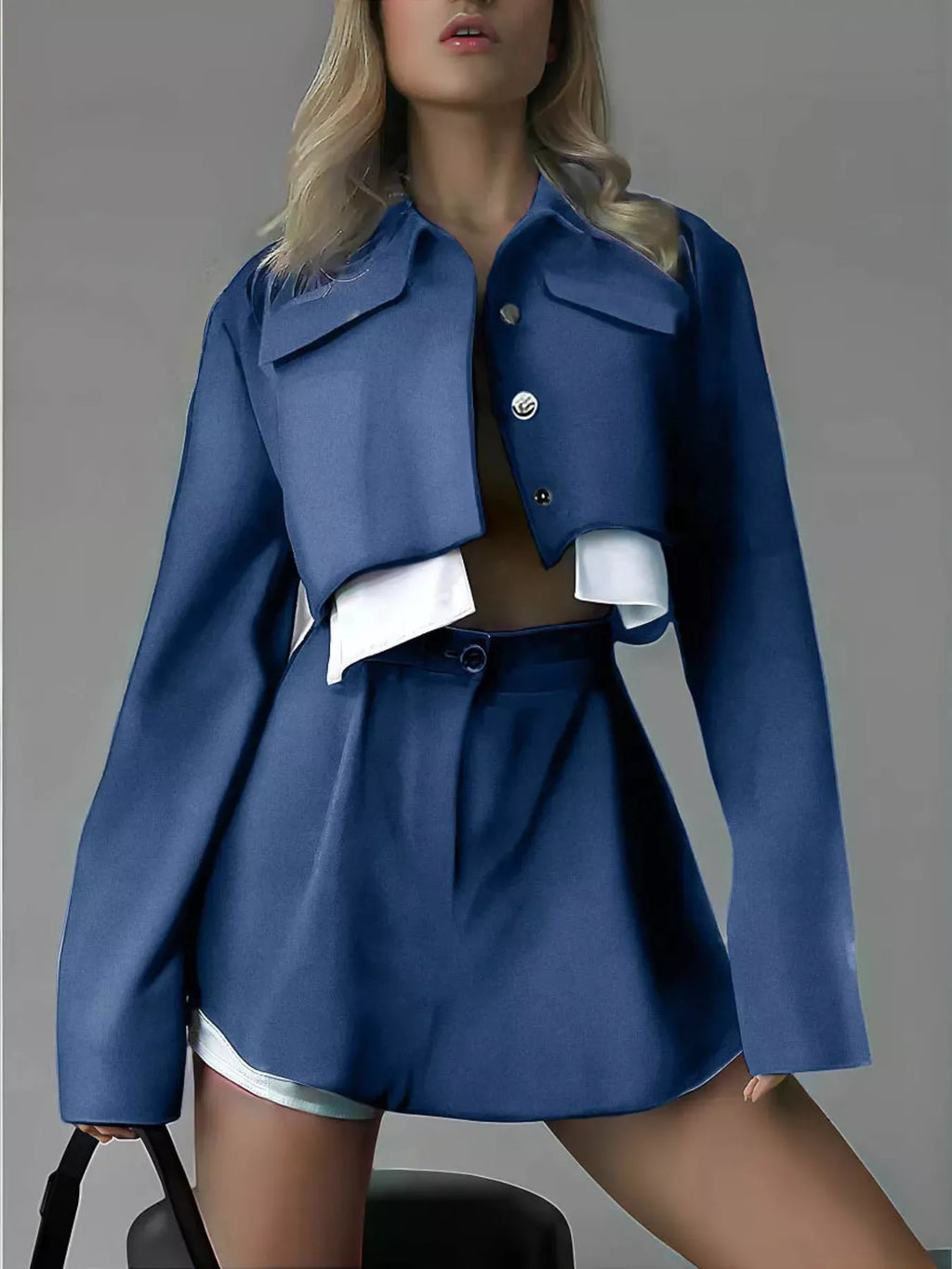 Button Up Cropped Jacket and Mini Skirt Set