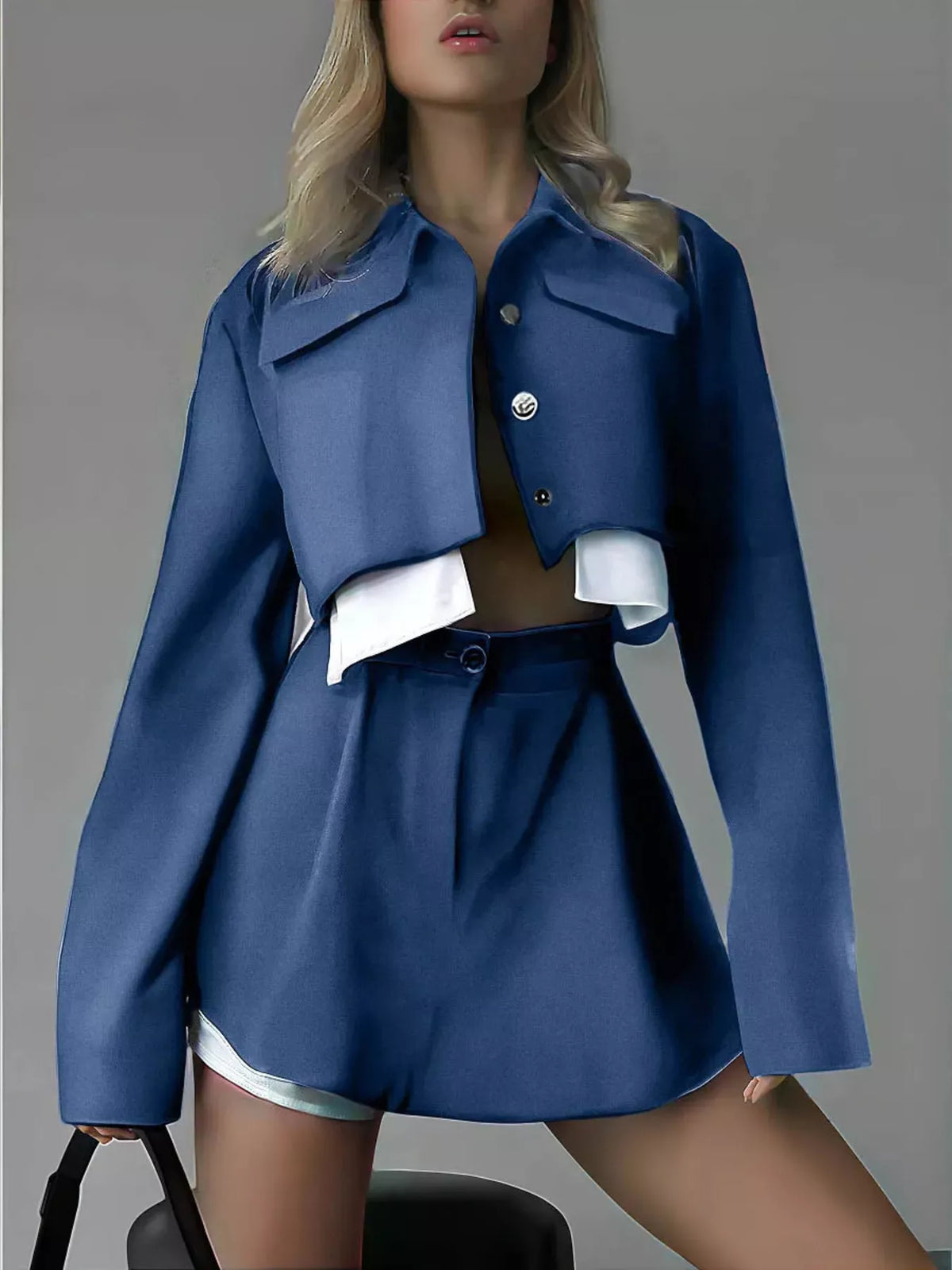 Button Up Cropped Jacket and Mini Skirt Set