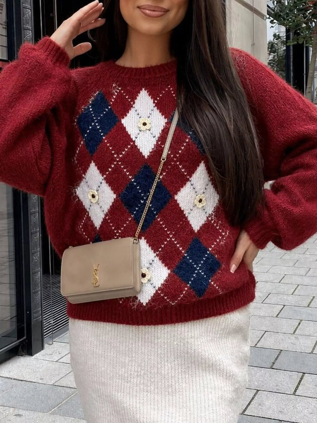 Argyle Pattern Raglan Sleeve Sweater