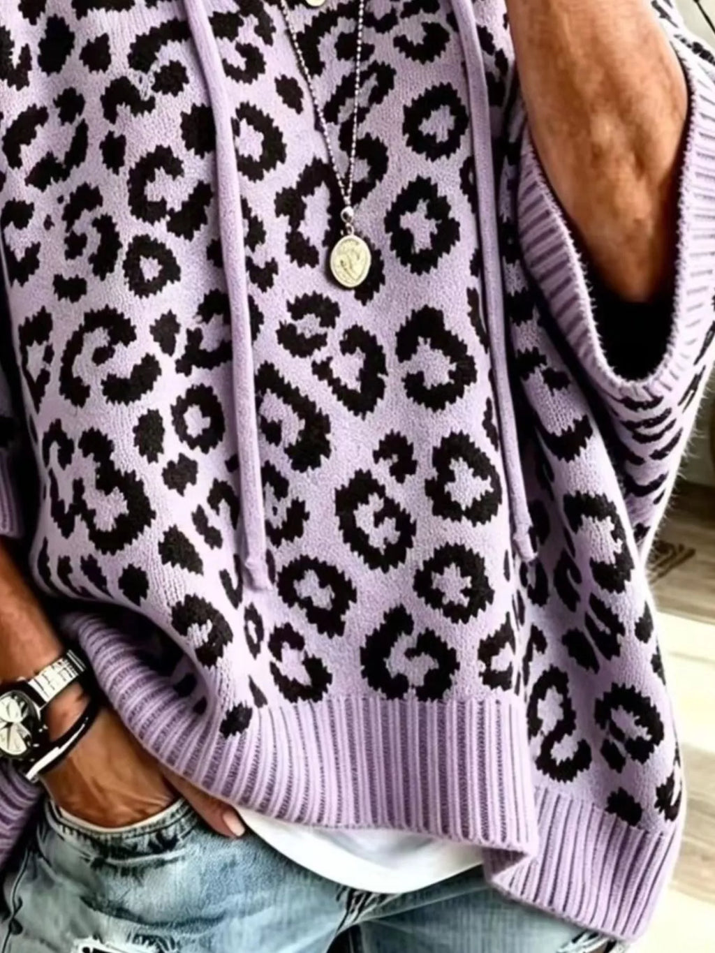 Leopard Print Hooded Knit Sweater