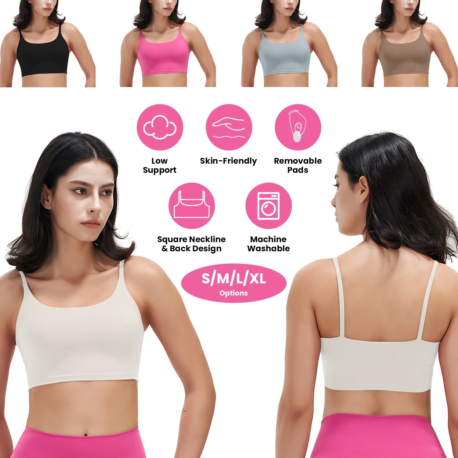 Women Sport Bras with Removable Pads, Low-Impact Square Neck