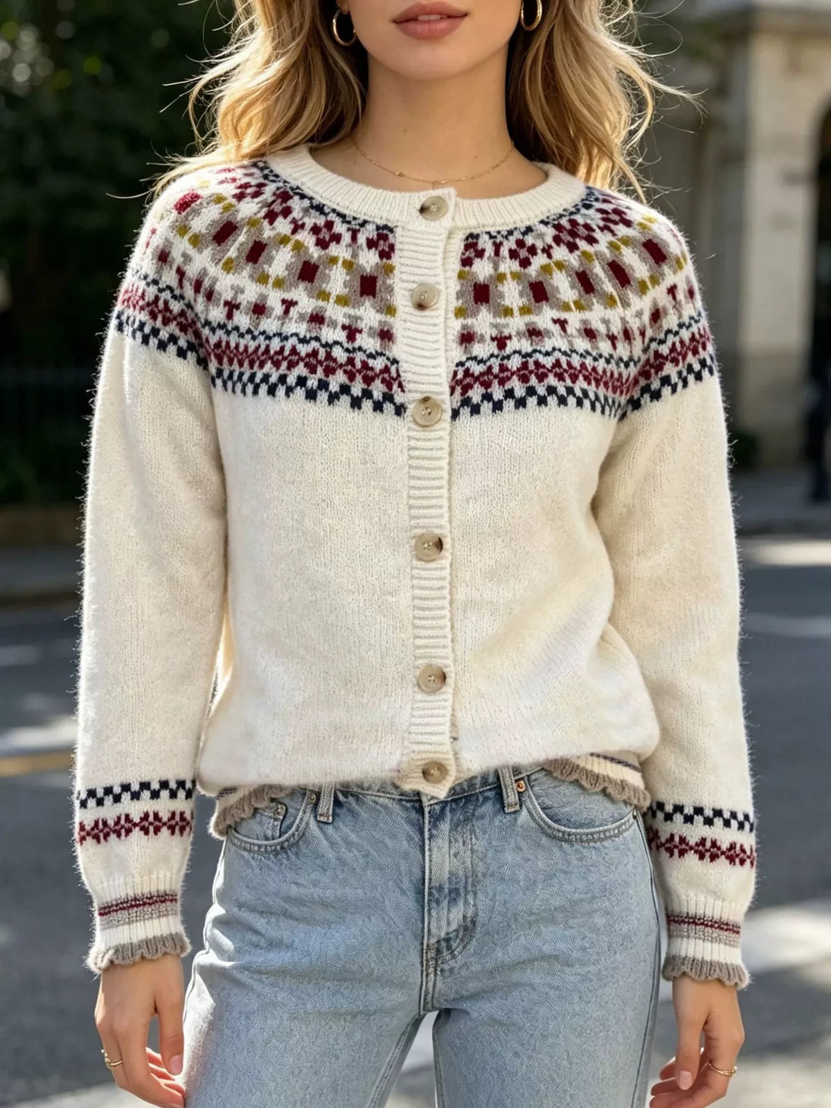 Fair Isle Patterned Button-Down Knit Cardigan