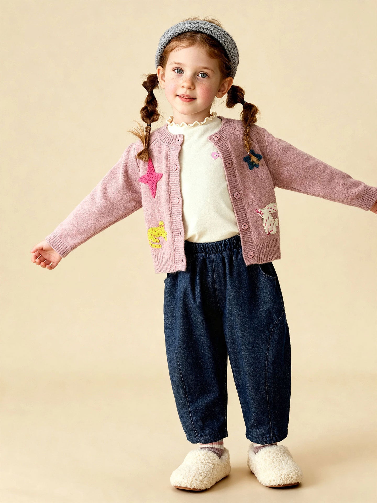 Solid-color Versatile Denim Jeans For Little Girls Cute Warm Trousers For Kids