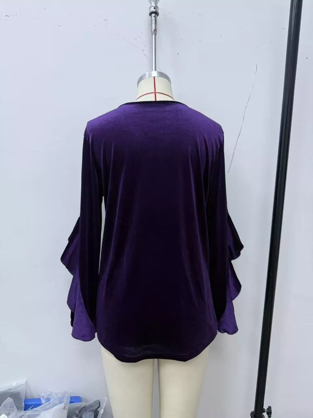 Velvet Round Neck Ruffle Sleeve Top