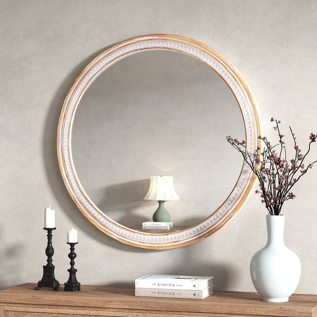 30" Round Solid Wood Farmhouse Wall Mirror - Rustic Boho Circle Mirror