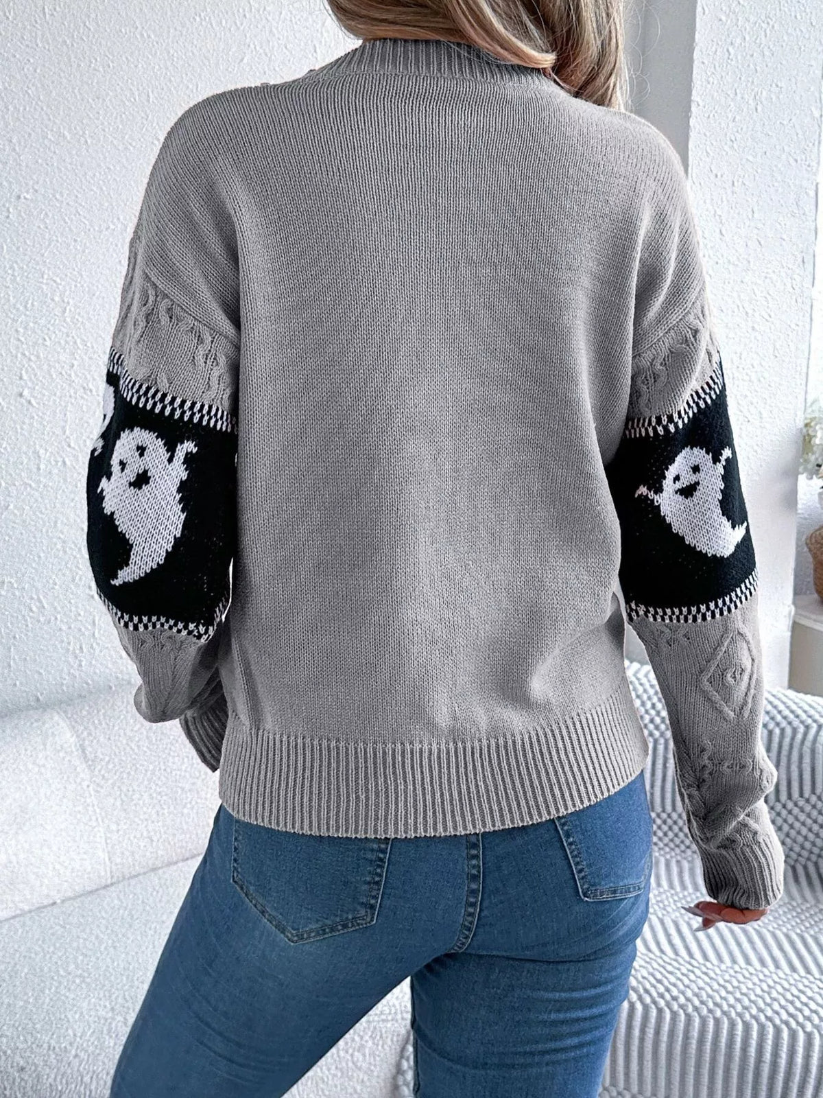 Halloween Ghost Pattern Textured Sweater