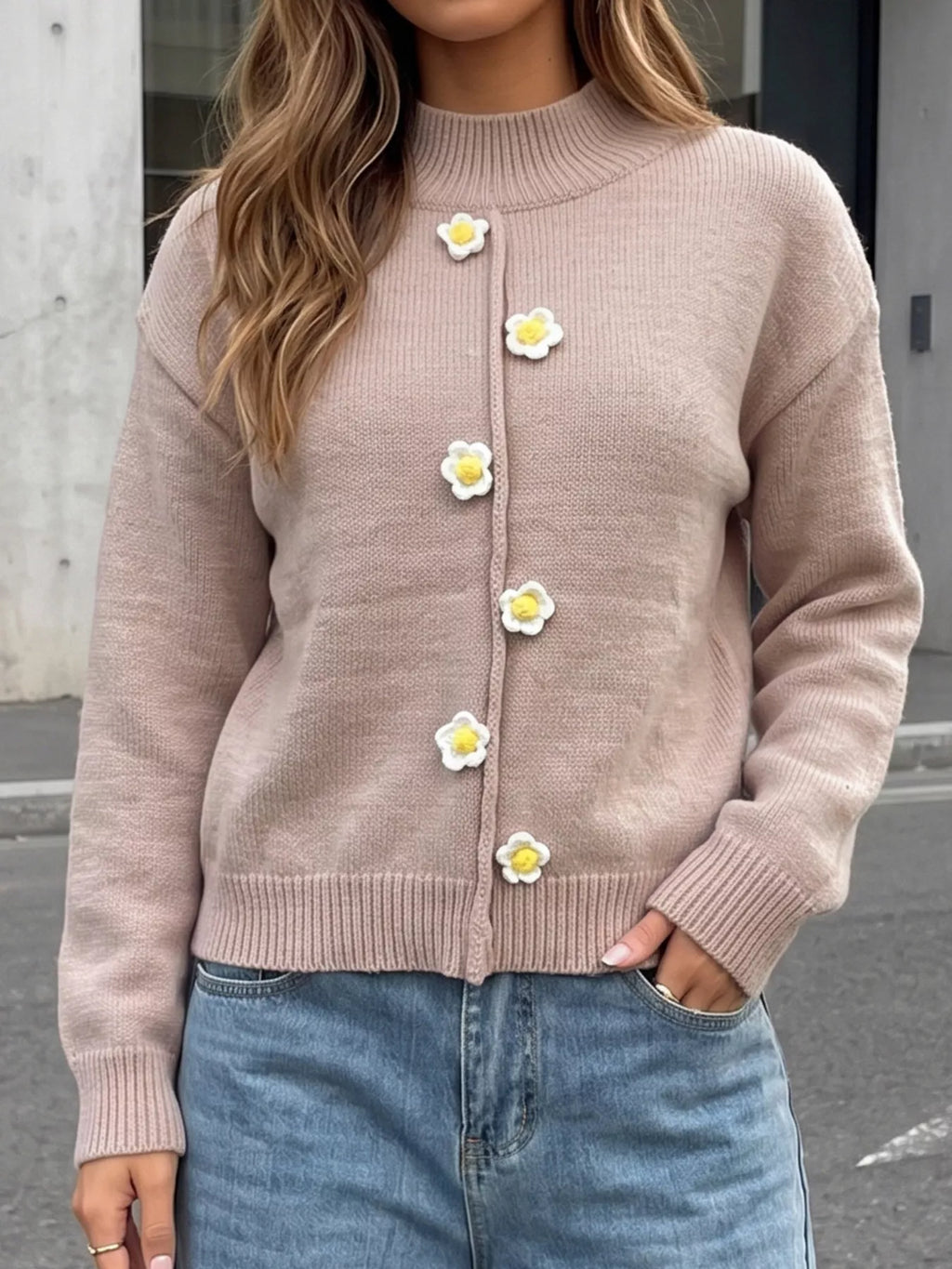 Floral Applique Turtleneck Sweater