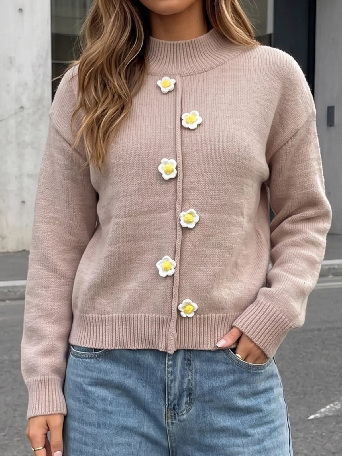 Floral Applique Turtleneck Sweater