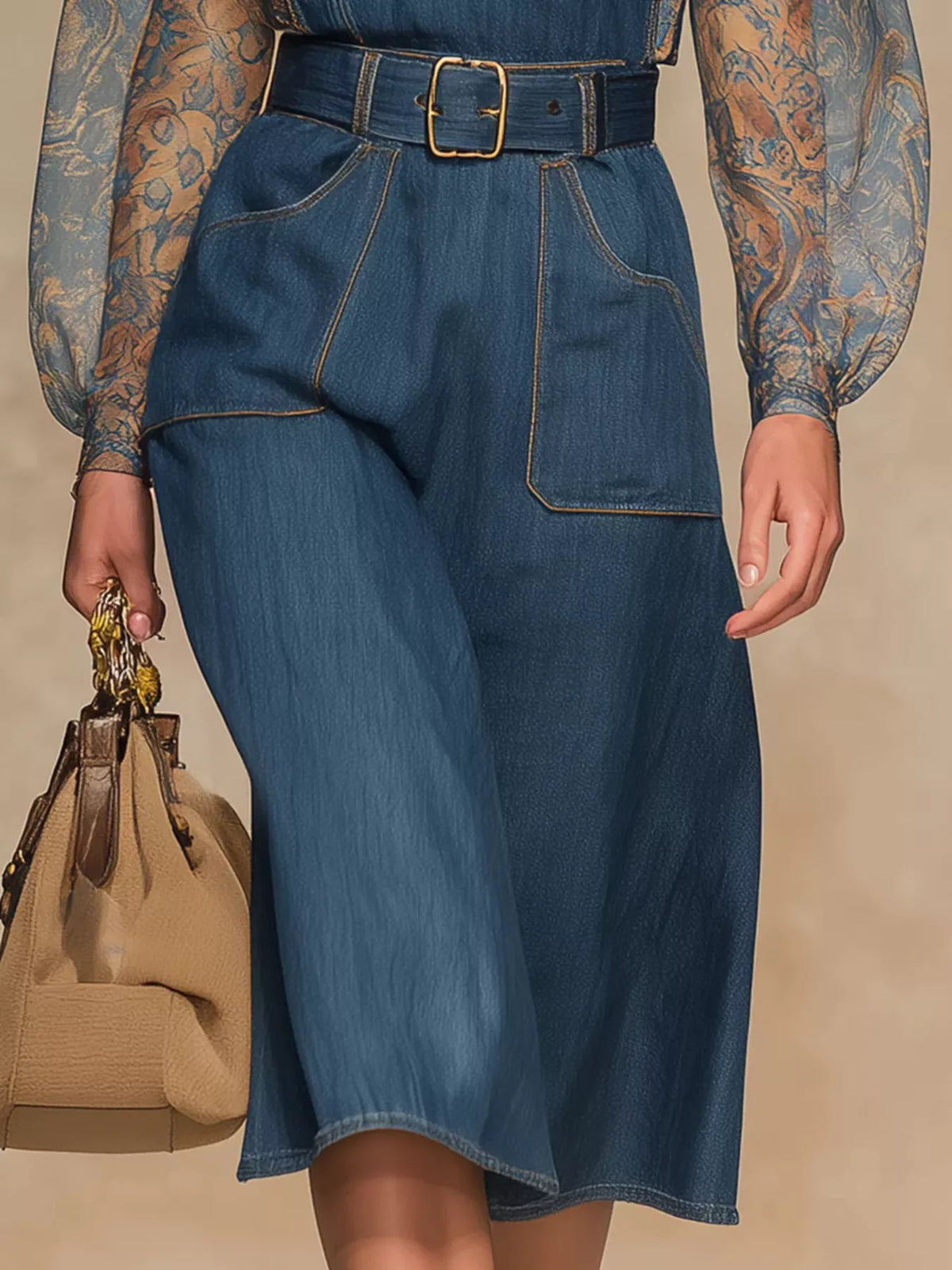 Sheer Floral Sleeves Denim Dress