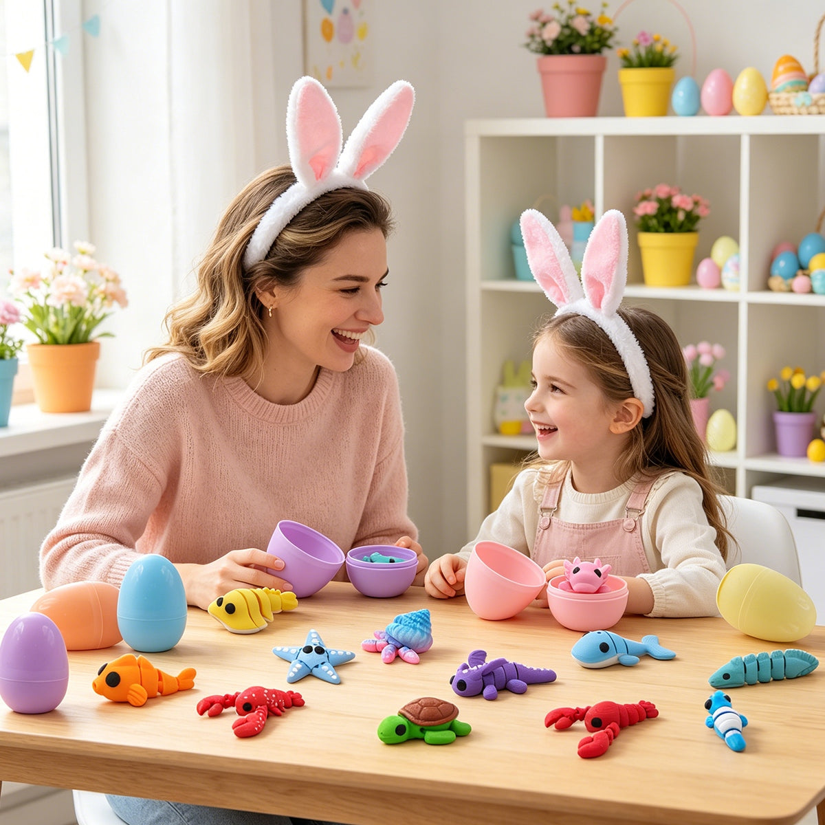 24PCS 3D Printed Mini Ocean Animals With 6 Easter Eggs, Articulated Flexible Sea Creature Figures, Shark Turtle Lobster Starfish Fish Assortment