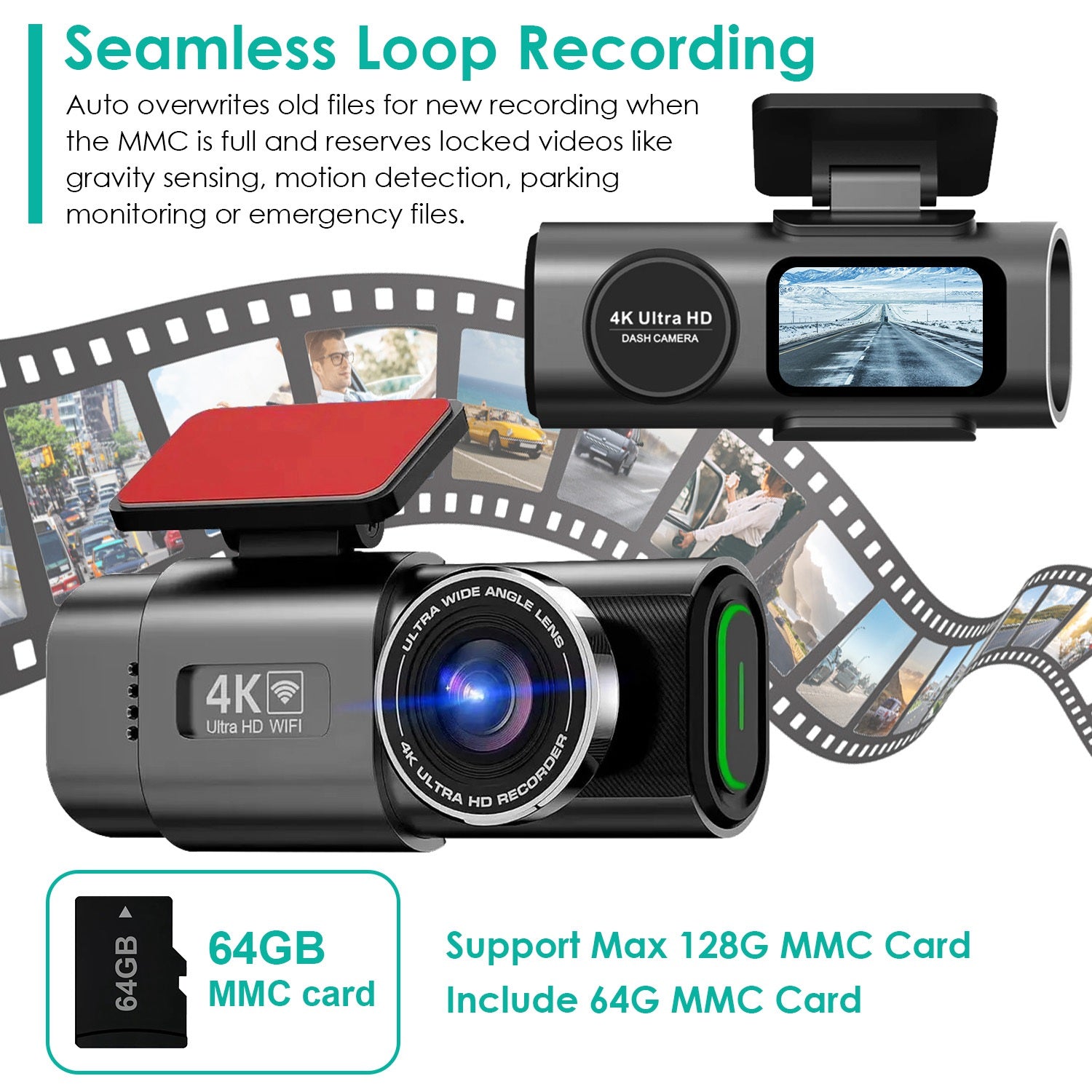 Dual Channel Car Dash Cam with Front 4K & Rear 1080P
