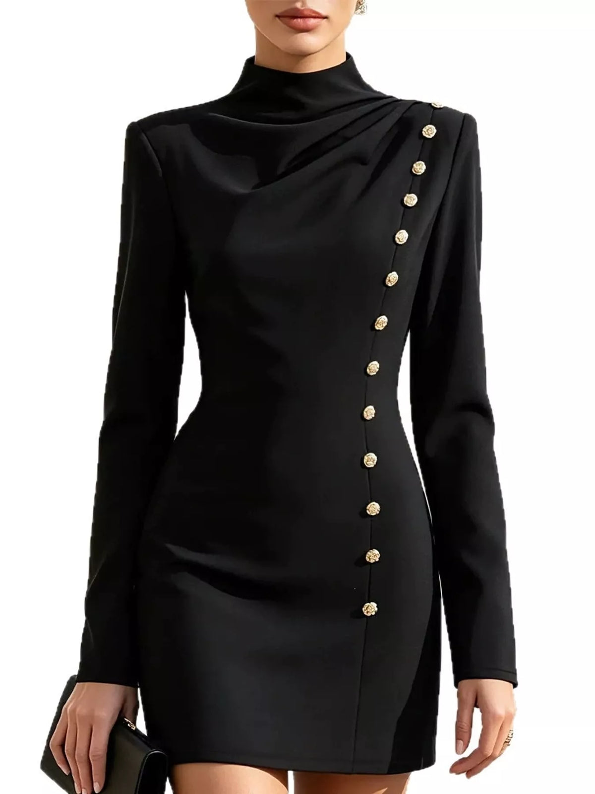 Full Size Decorative Button Mock Neck Mini Dress Plus Size