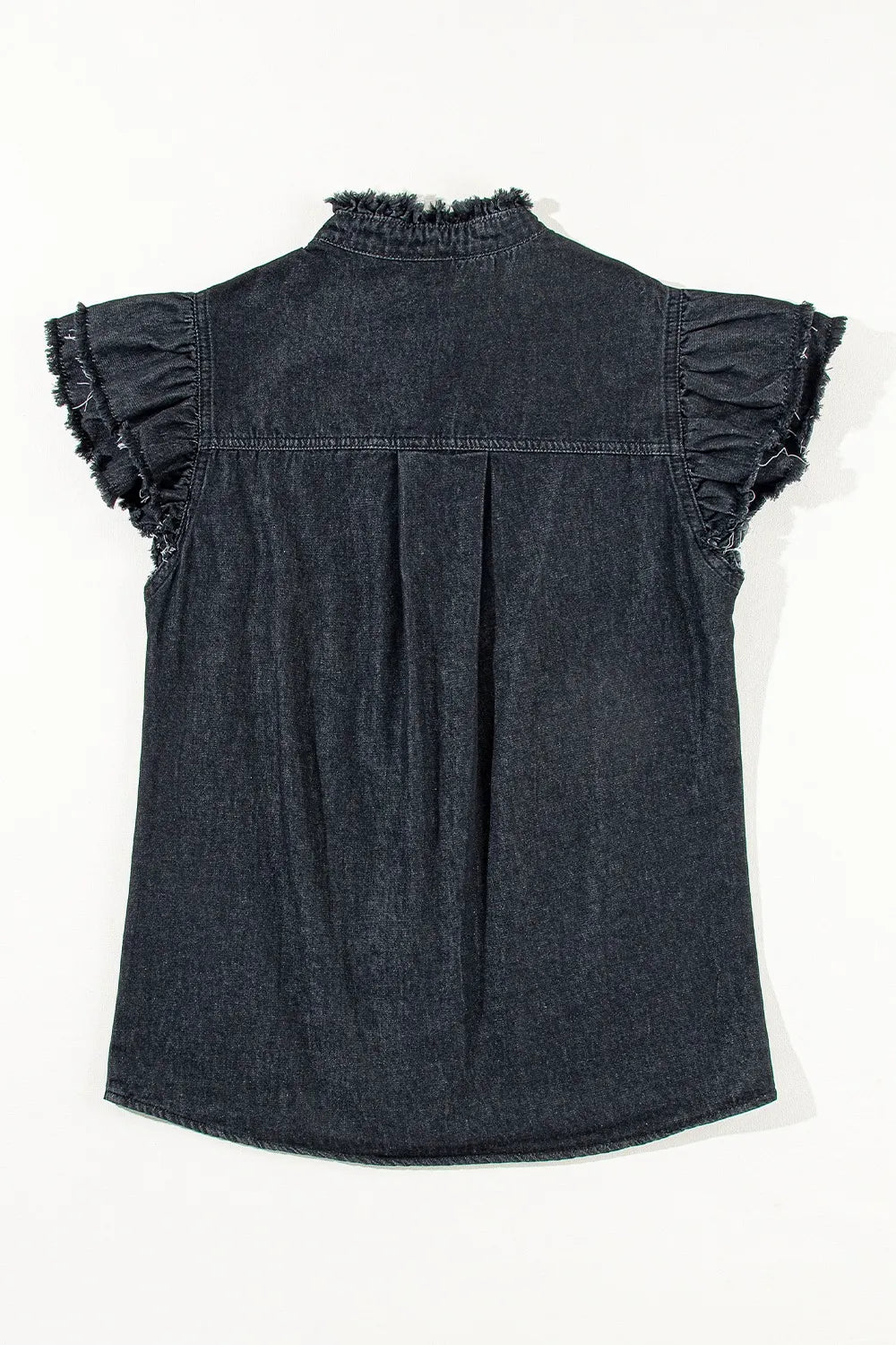 Button Down Raw Hem Ruffled Denim Shirt