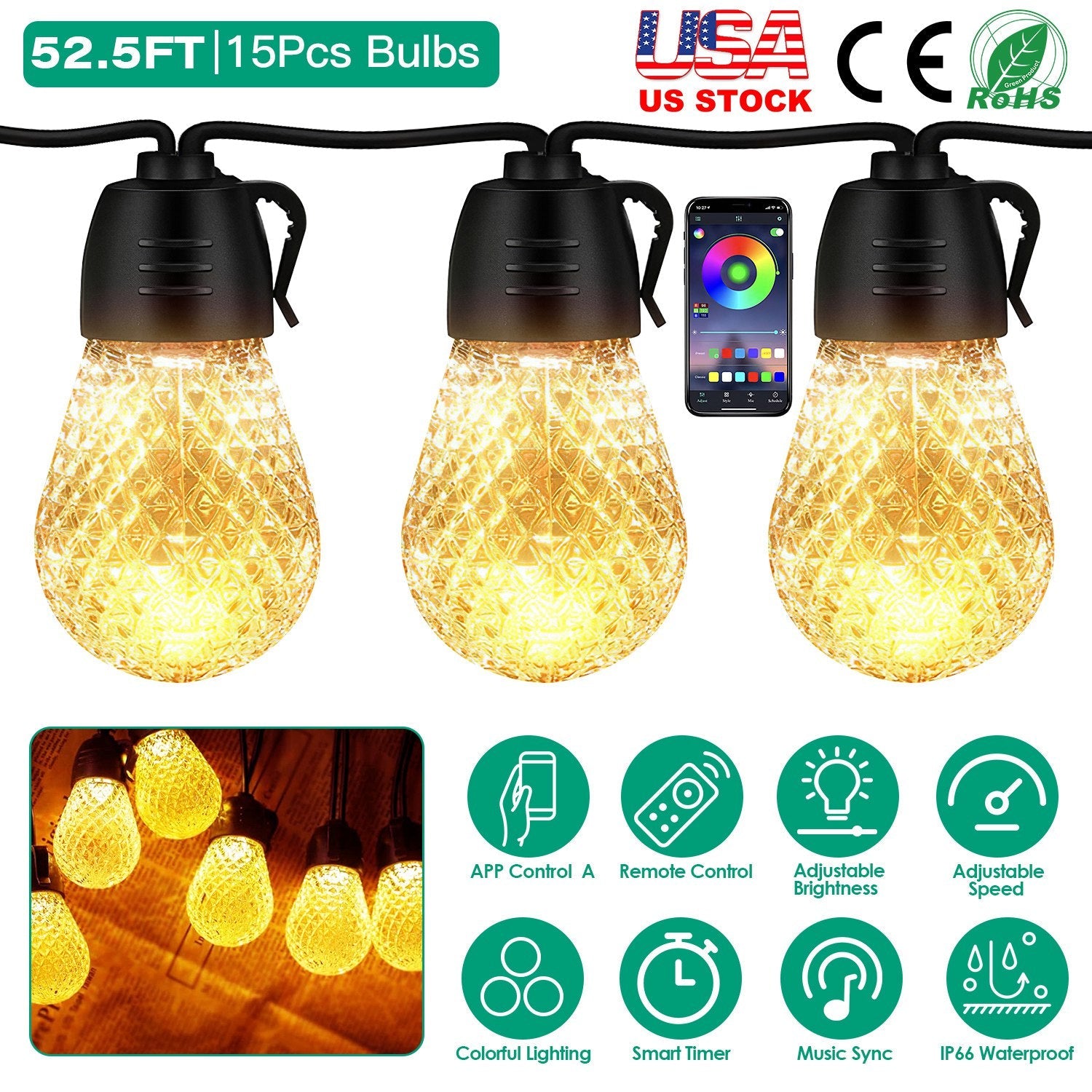 Colorful RGB Outdoor String Lights with App Control