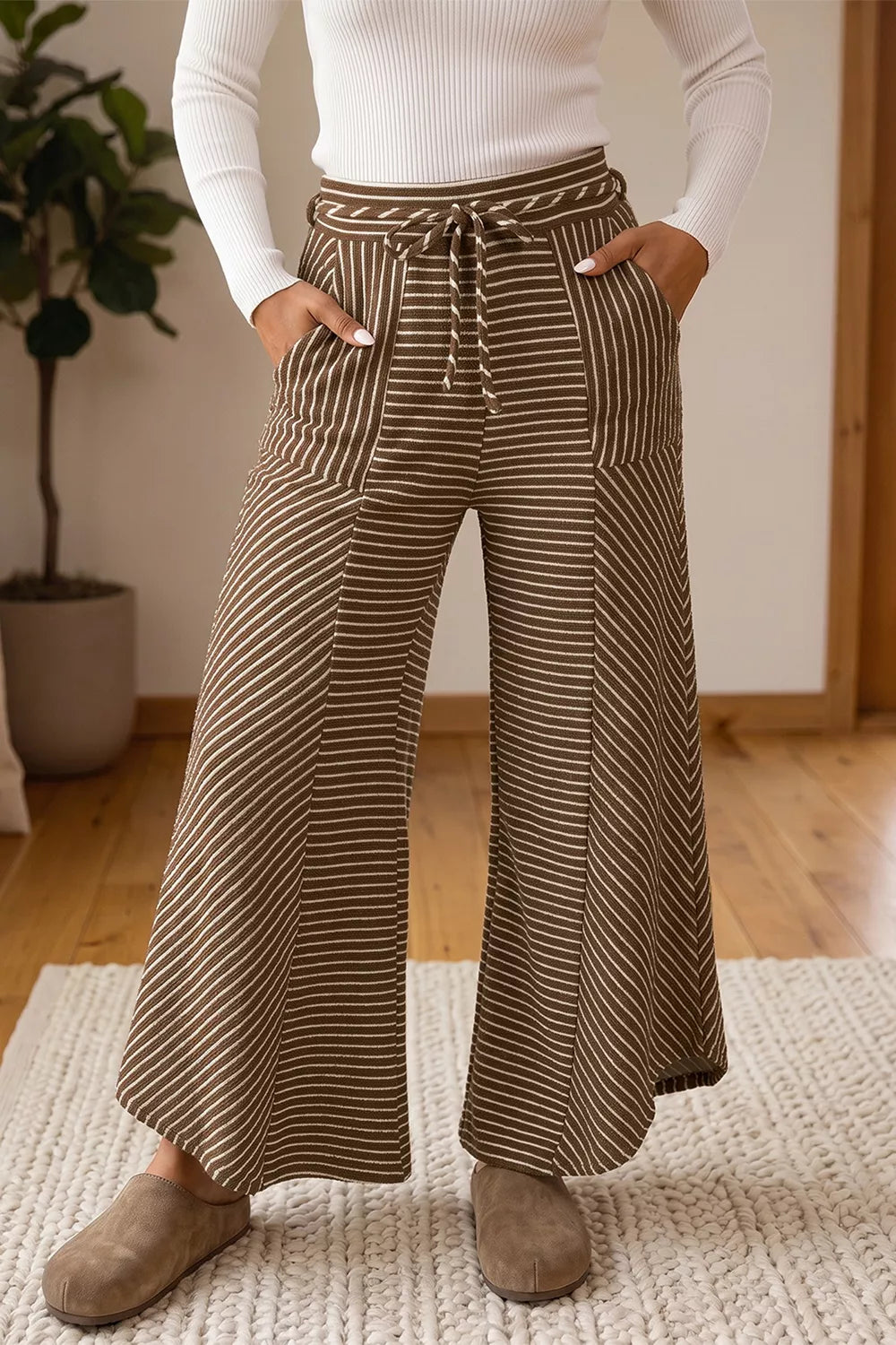 Stripe Patchwork Design Wide Leg Casual Pants