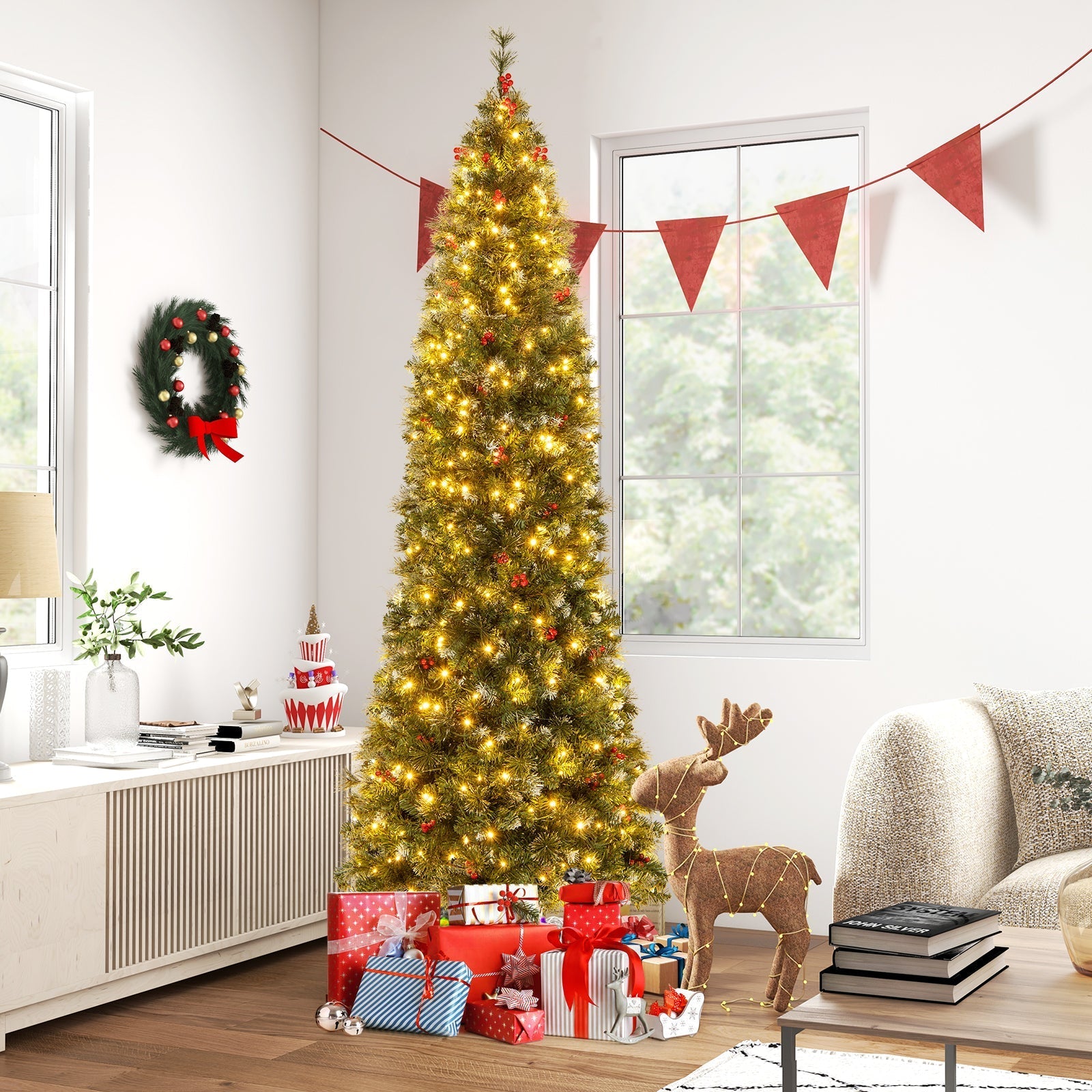 5/6/7/8/9 FT Pre-Lit Artificial Hinged Slim Pencil Christmas Tree