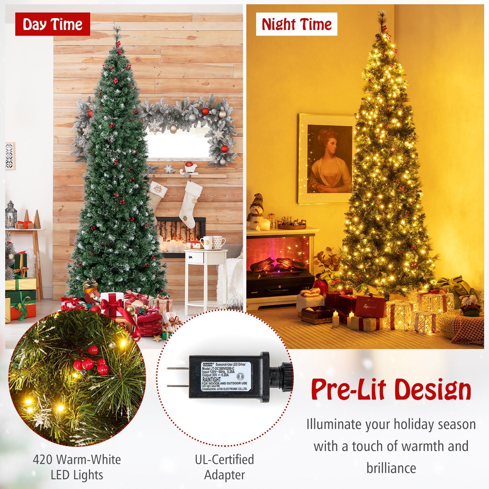 5/6/7/8/9 FT Pre-Lit Artificial Hinged Slim Pencil Christmas Tree