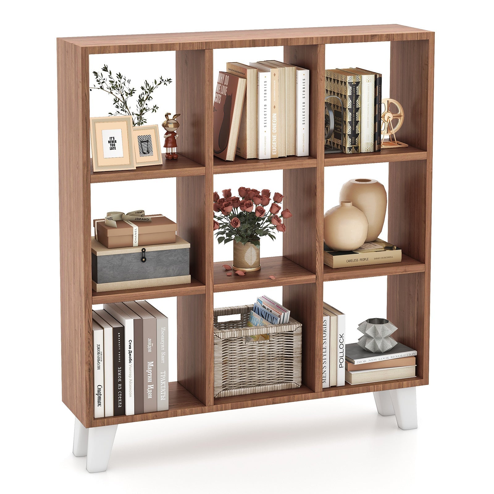 9-Cube Bookcase with 6 Removable Shelves and Raised Support Feet