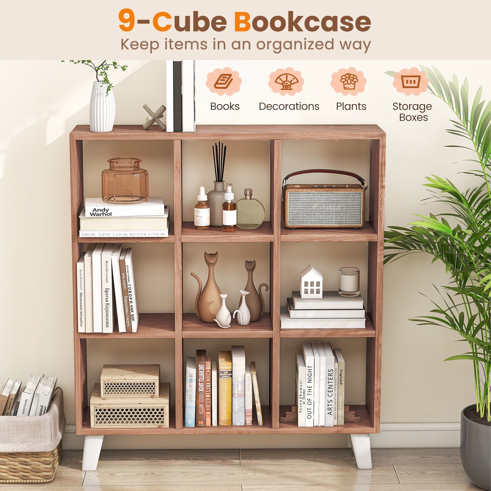 9-Cube Bookcase with 6 Removable Shelves and Raised Support Feet