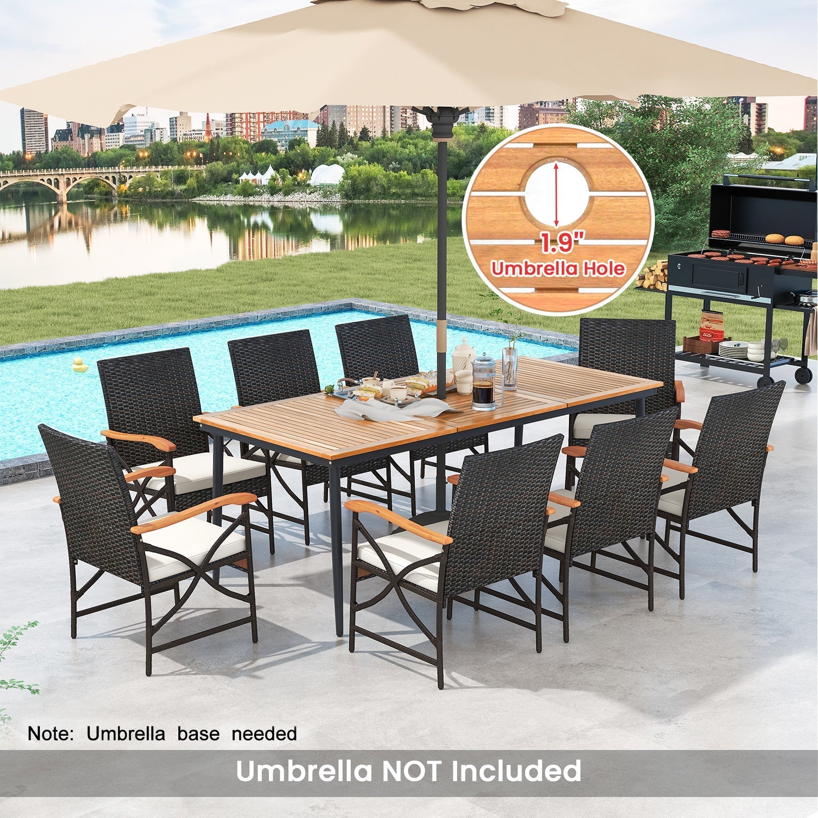 79 Inch Outdoor Acacia Wood Dining Table and 8 Rattan-woven Dining Chairs with Umbrella Hole