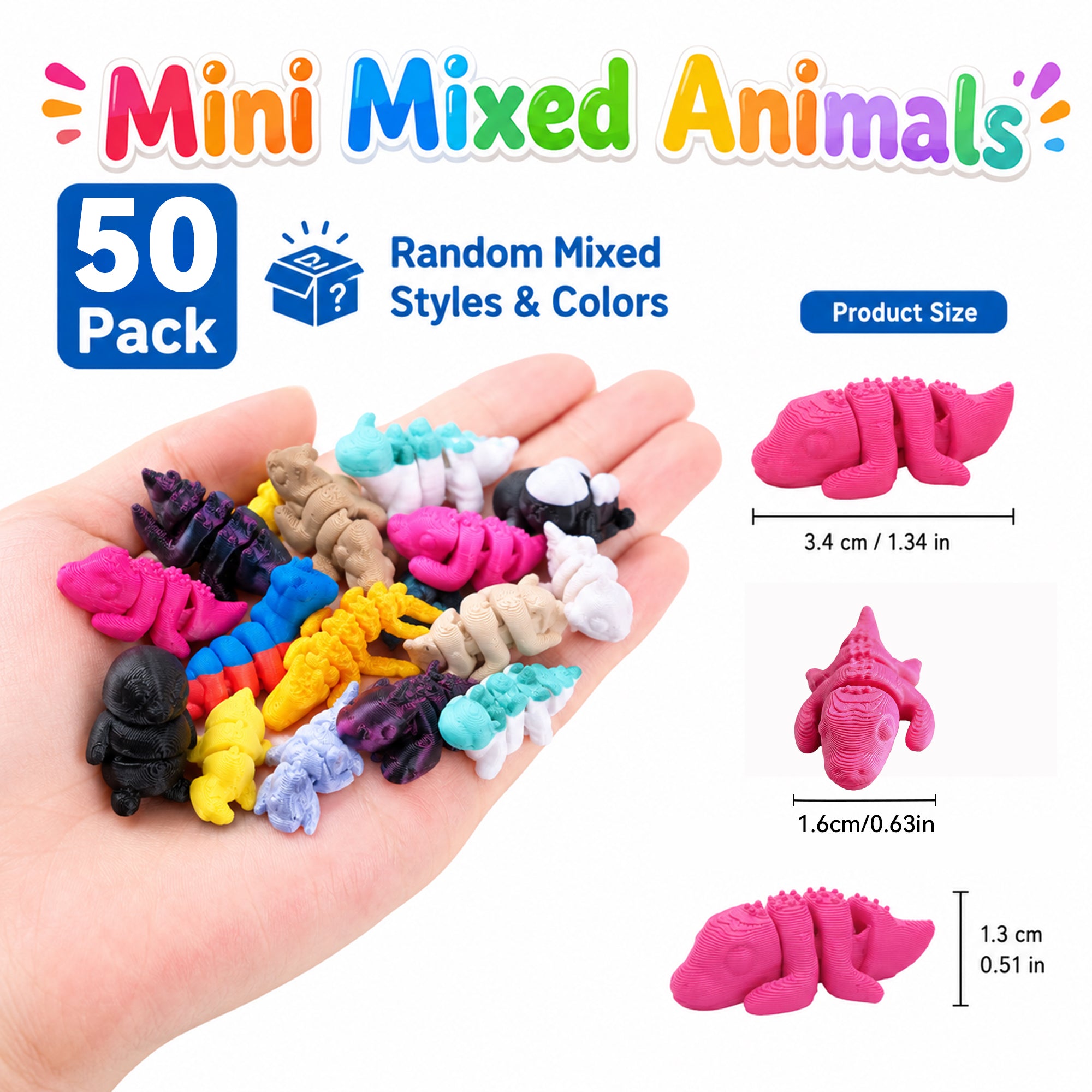 50 Pack 3D Printed Mixed Mini Animals, Random Assorted Tiny Animal Figures For Miniature Decor, Party Favors, DIY Crafts, Gift Fillers