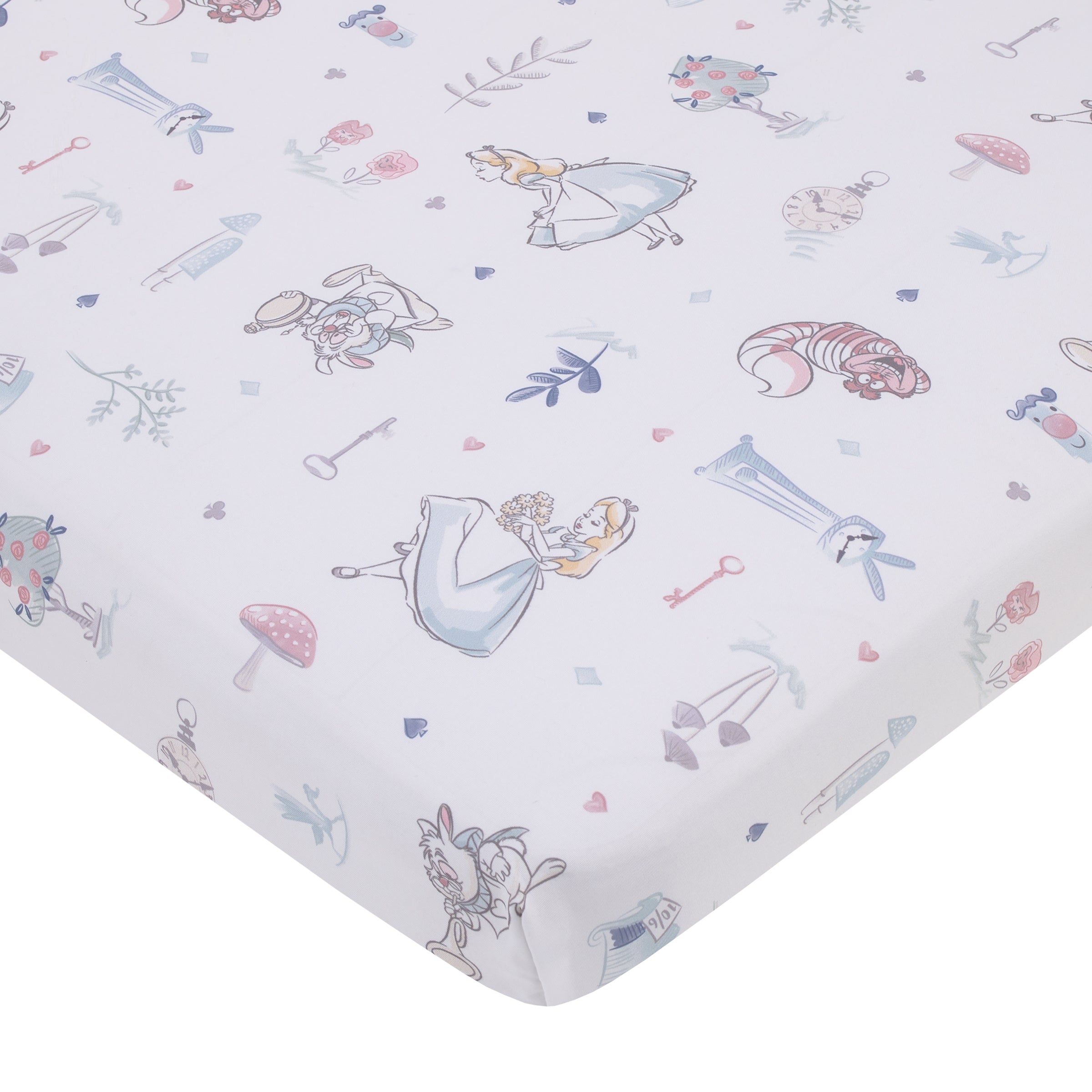 Disney Alice in Wonderland Light Blue, Pink, and White, Rabbit, and Cheshire Cat Super Soft Nursery Fitted Mini Crib Sheet