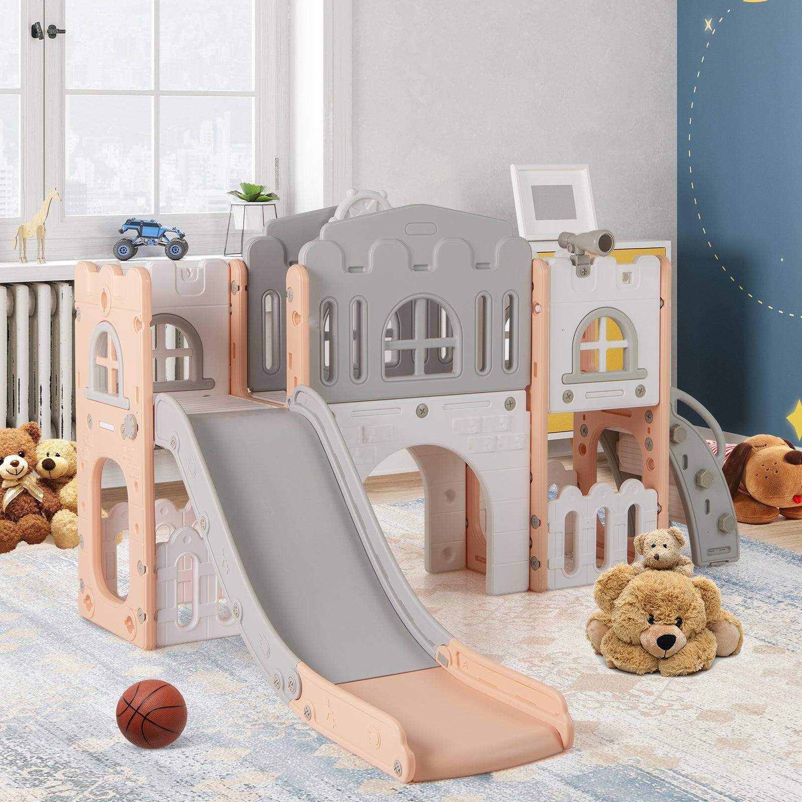 All-in-1 Toddler Slide Playset Playground with Tunnel and Ladder and Basketball
