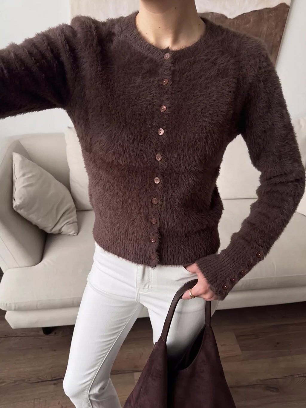 Soft Fuzzy Button-Down Cropped Cardigan