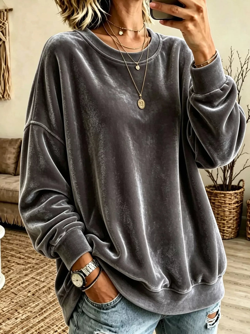 Full Size Solid Color Crew Neck Sweatshirt Plus Size