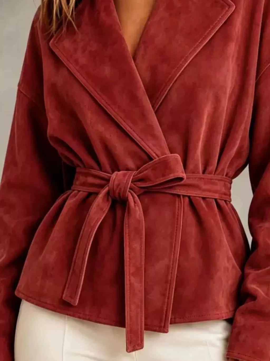 Tie-Waist Lapel Collar Jacket
