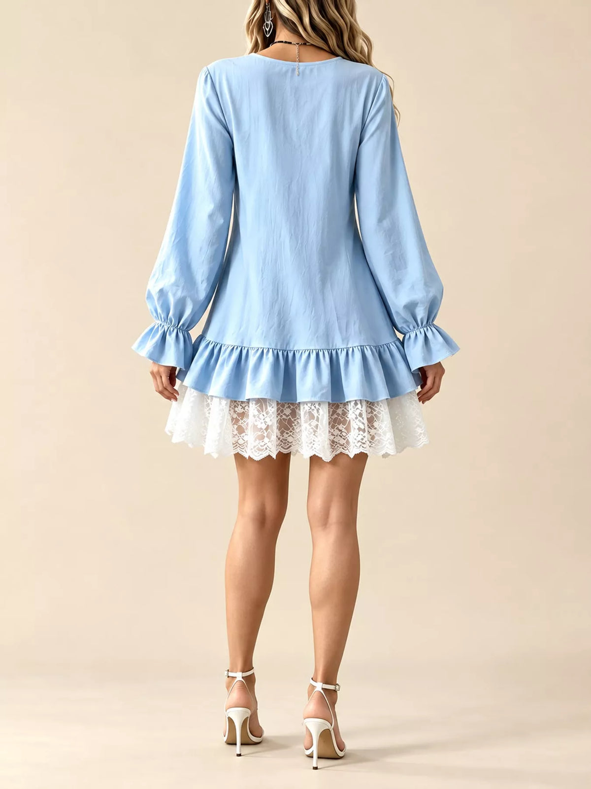 Lace Hem V-Neck Flounce Sleeve Dress
