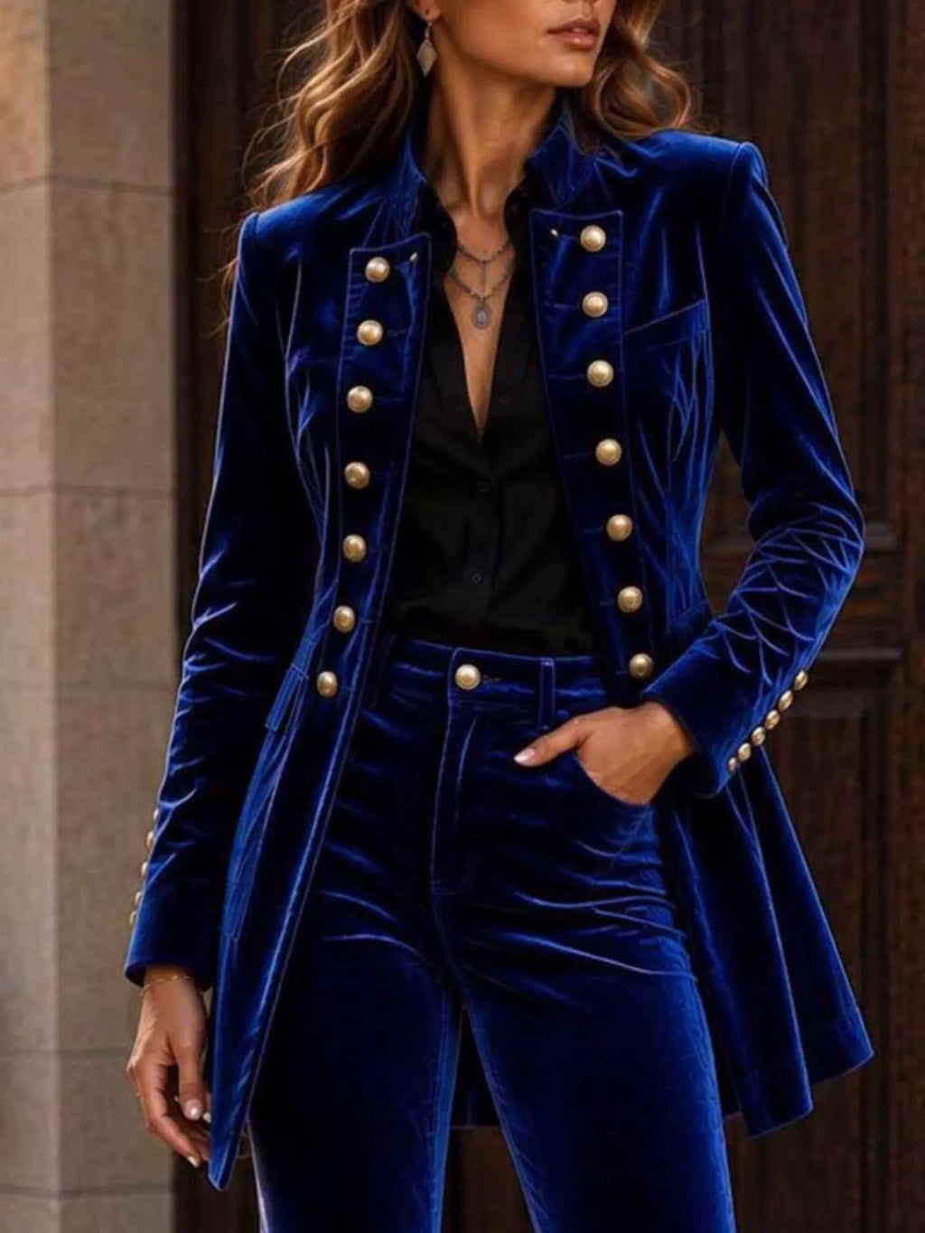 Velvet Double-Breasted Blazer and Flare Pants Set
