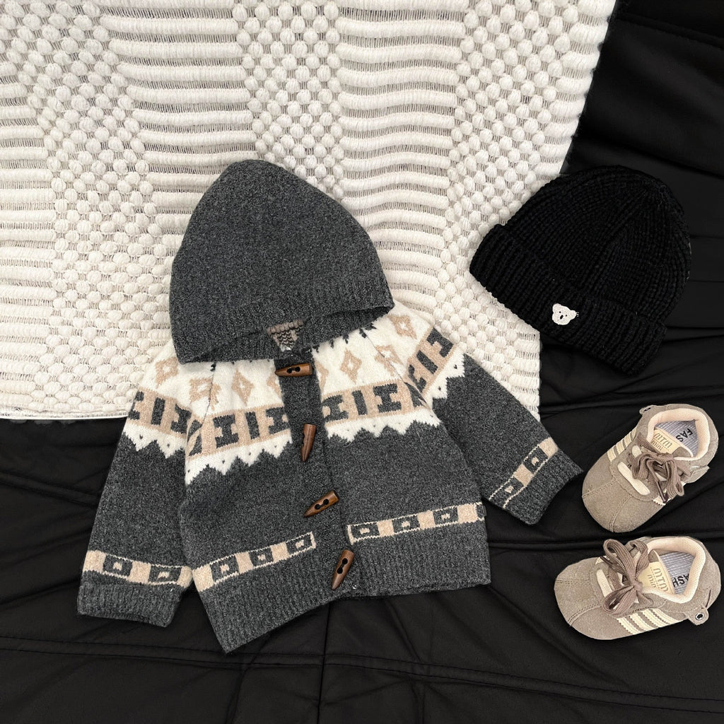 Retro Red Thickened Hooded Knitted Cardigan