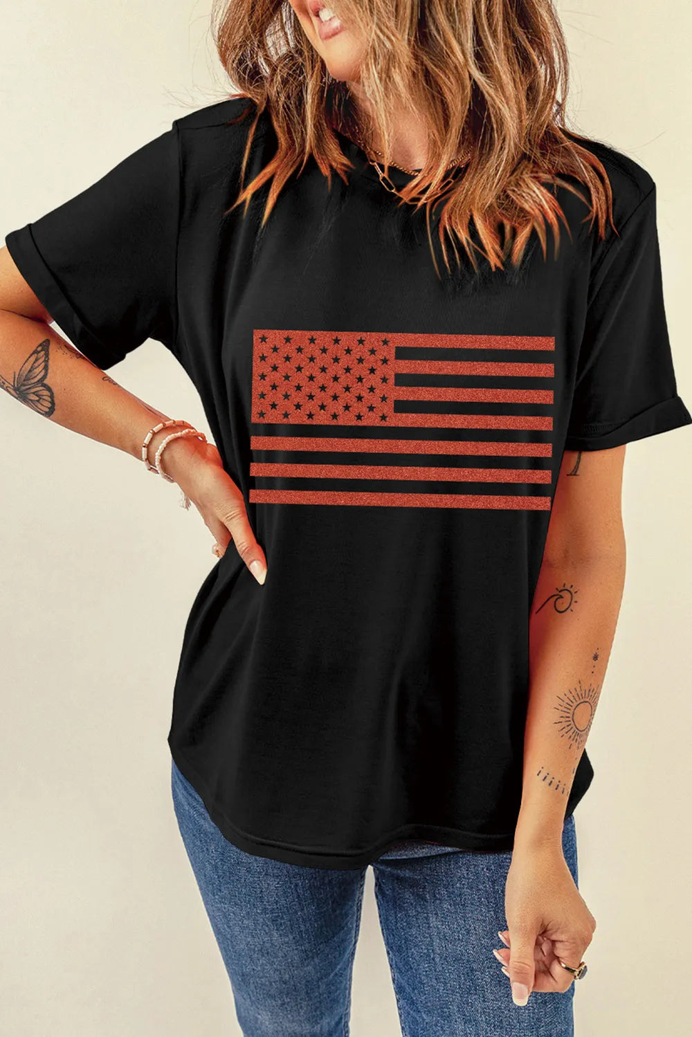 US Flag Graphic Round Neck Short Sleeve T-Shirt