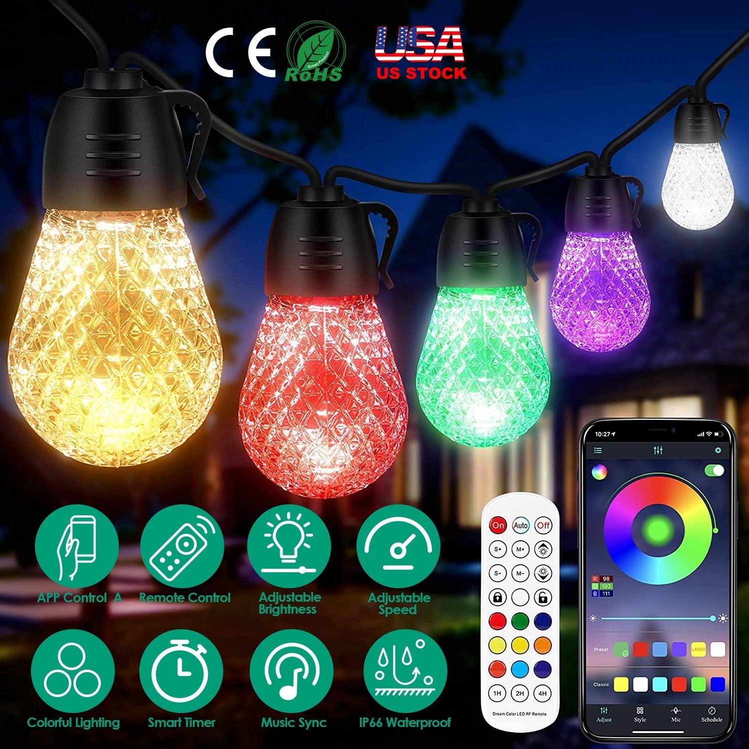 Colorful RGB Outdoor String Lights with App Control