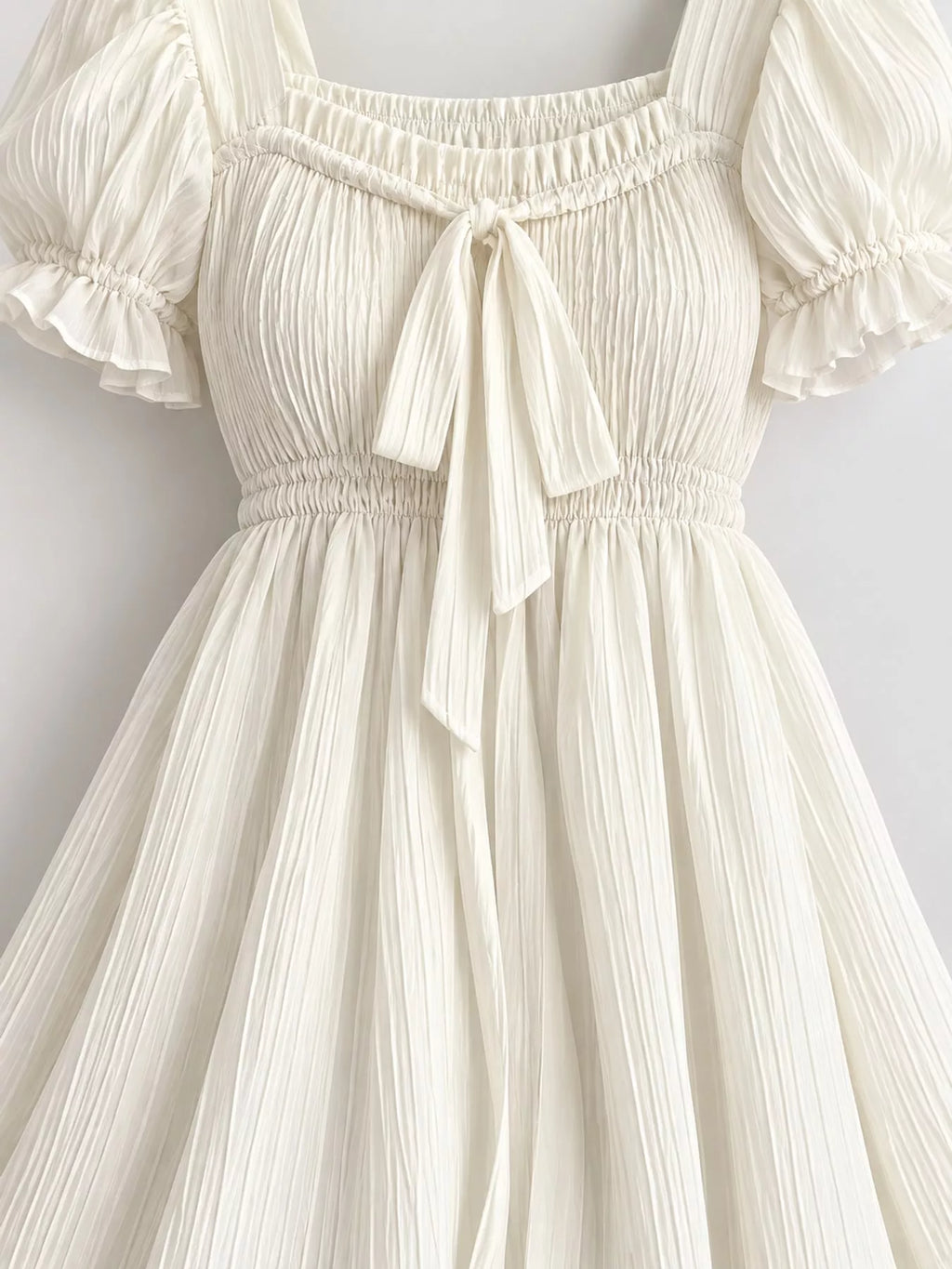 Puff-Sleeve Smocked Mini Dress with Tie-Front Detail