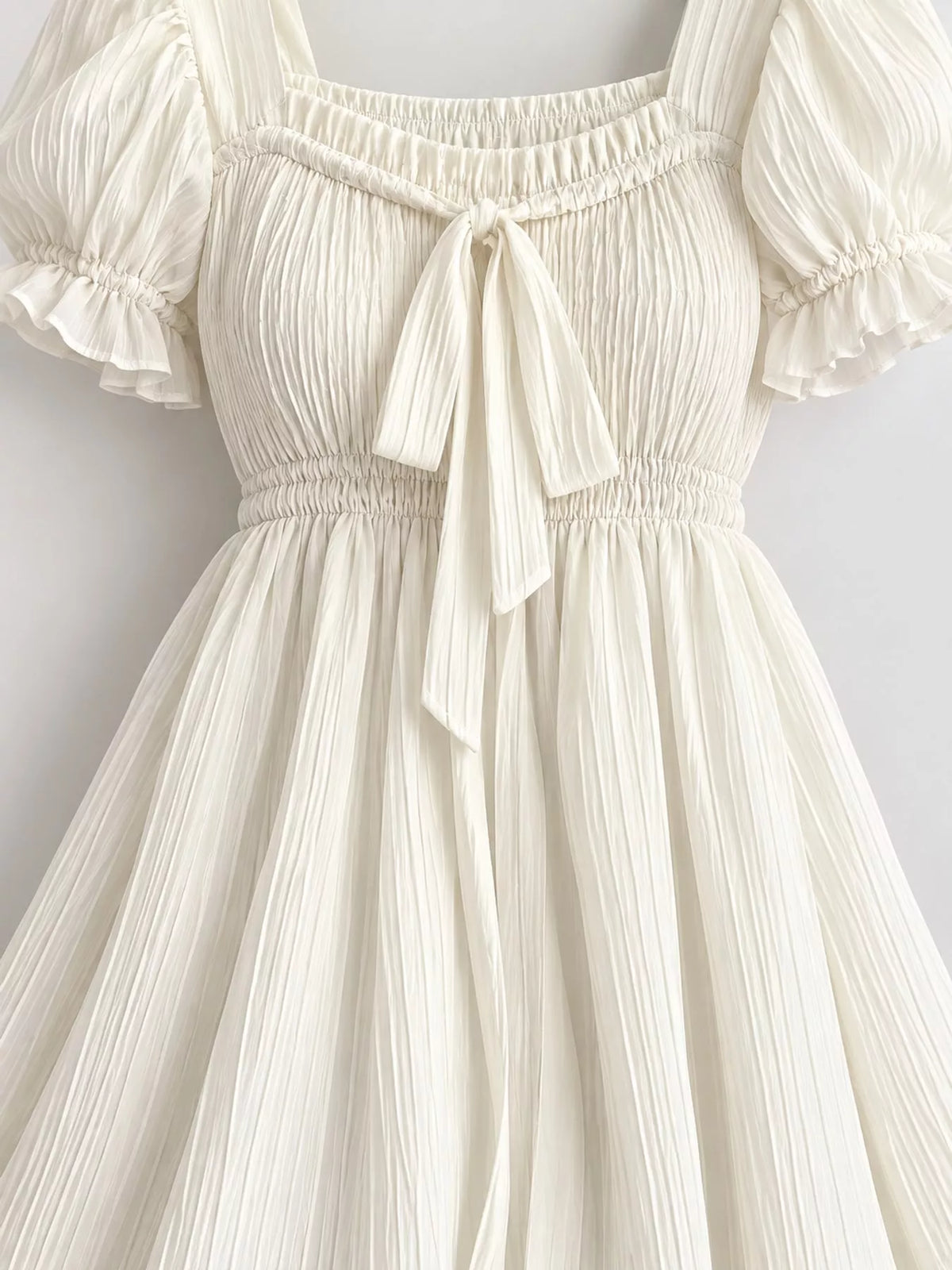 Puff-Sleeve Smocked Mini Dress with Tie-Front Detail