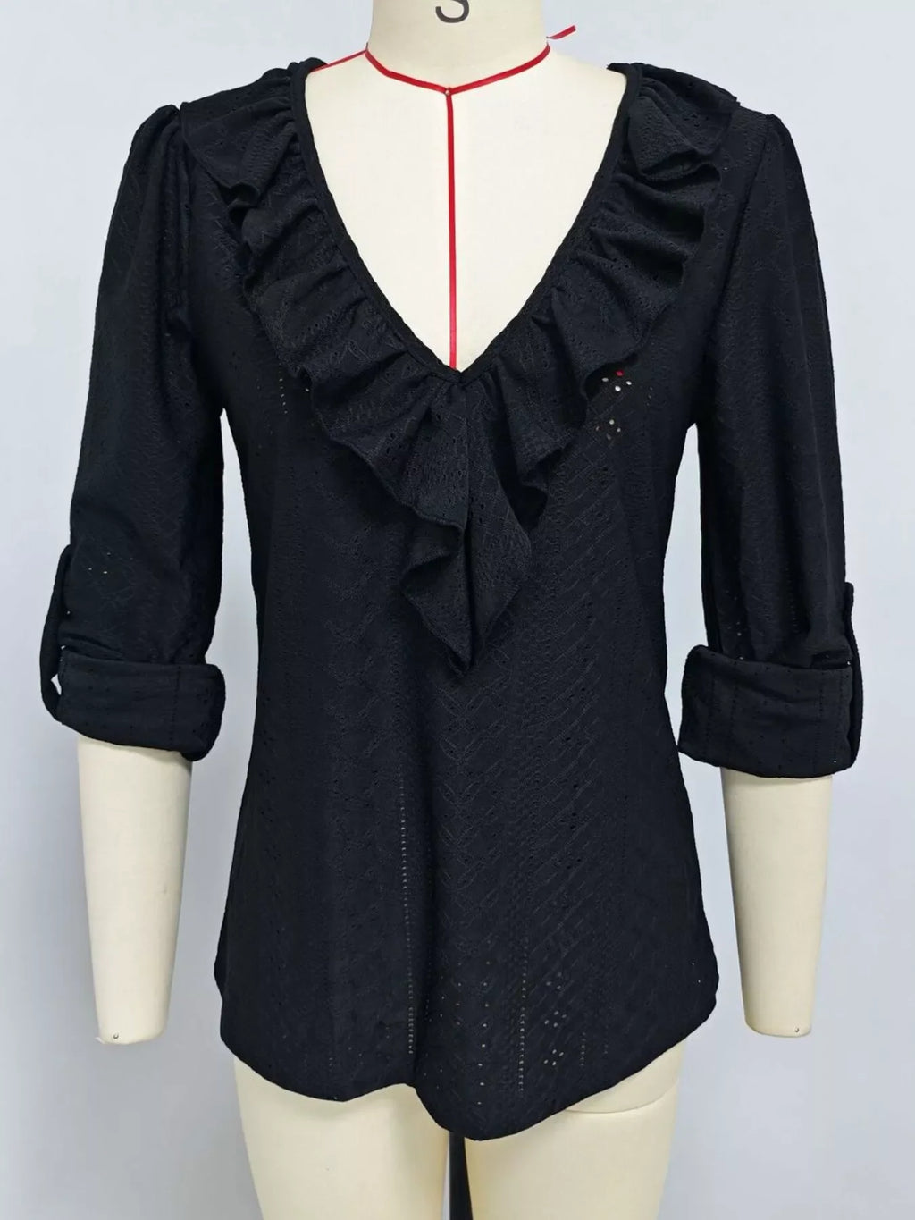 Eyelet Ruffle V-Neck Blouse