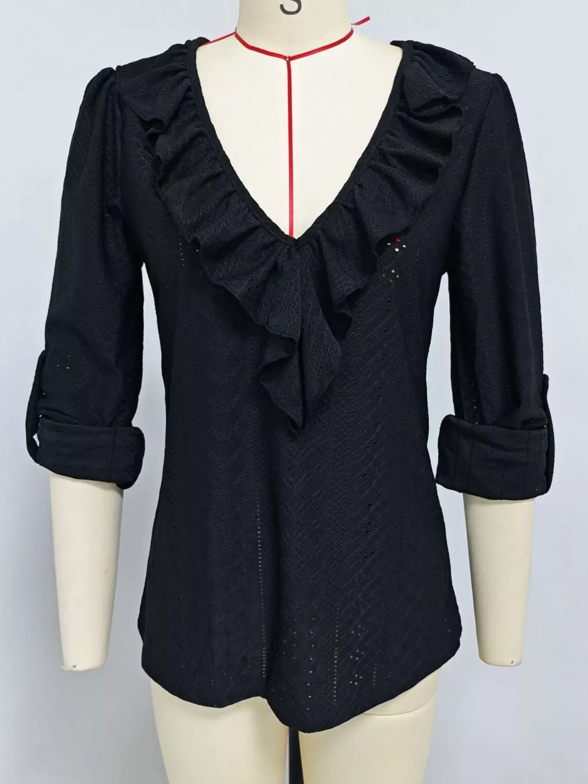Eyelet Ruffle V-Neck Blouse