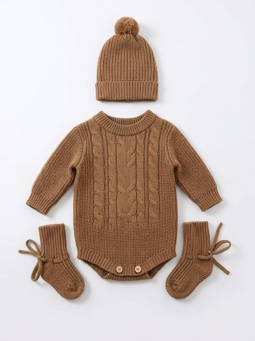 Baby Long-sleeve Knitted Romper Three-piece Set