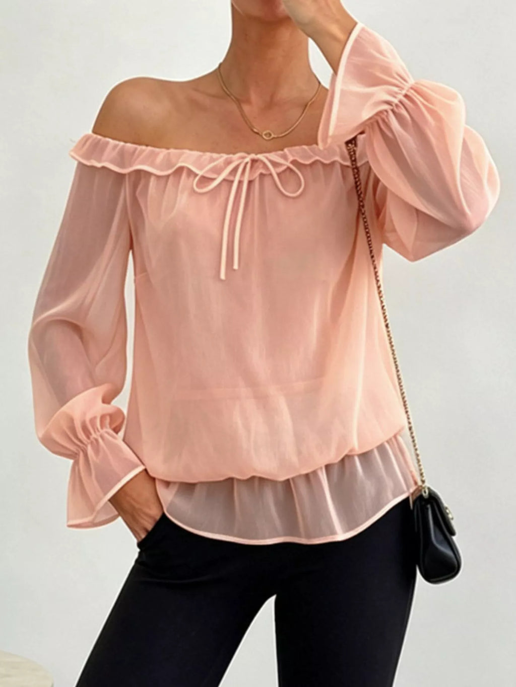 Off-Shoulder Flounce Sleeve Chiffon Blouse