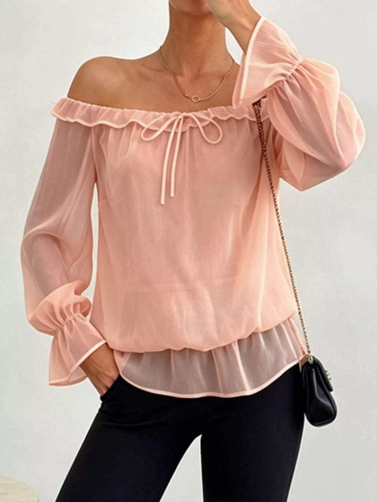 Off-Shoulder Flounce Sleeve Chiffon Blouse