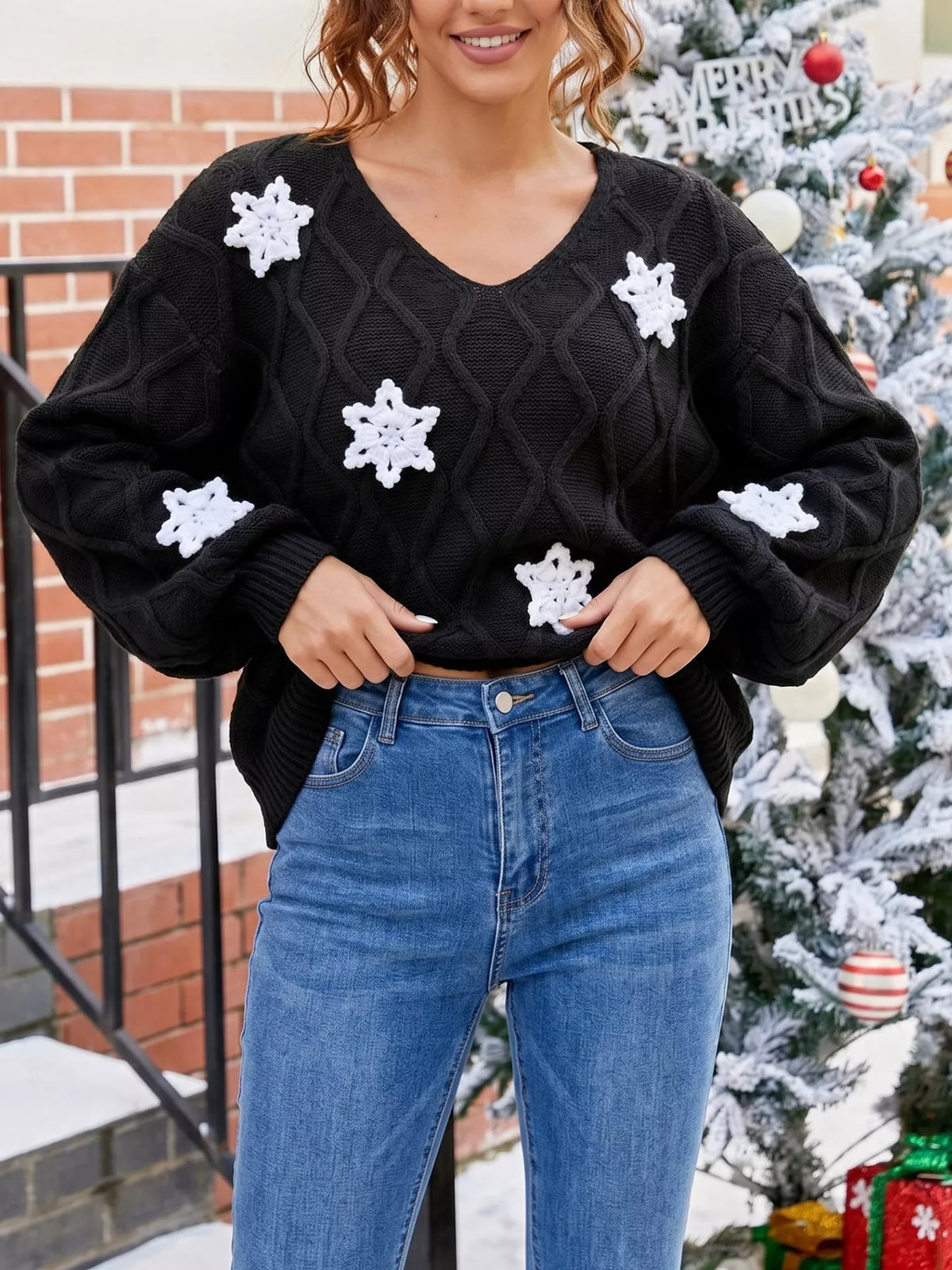 Snowflake Textured V-Neck Sweater